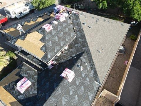 Overhead aerial view of a residential asphalt shingle roof