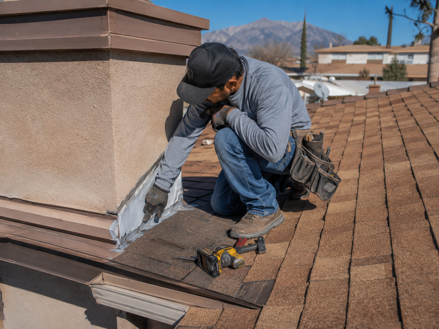 Roofer repairing flashing at a chimney base
