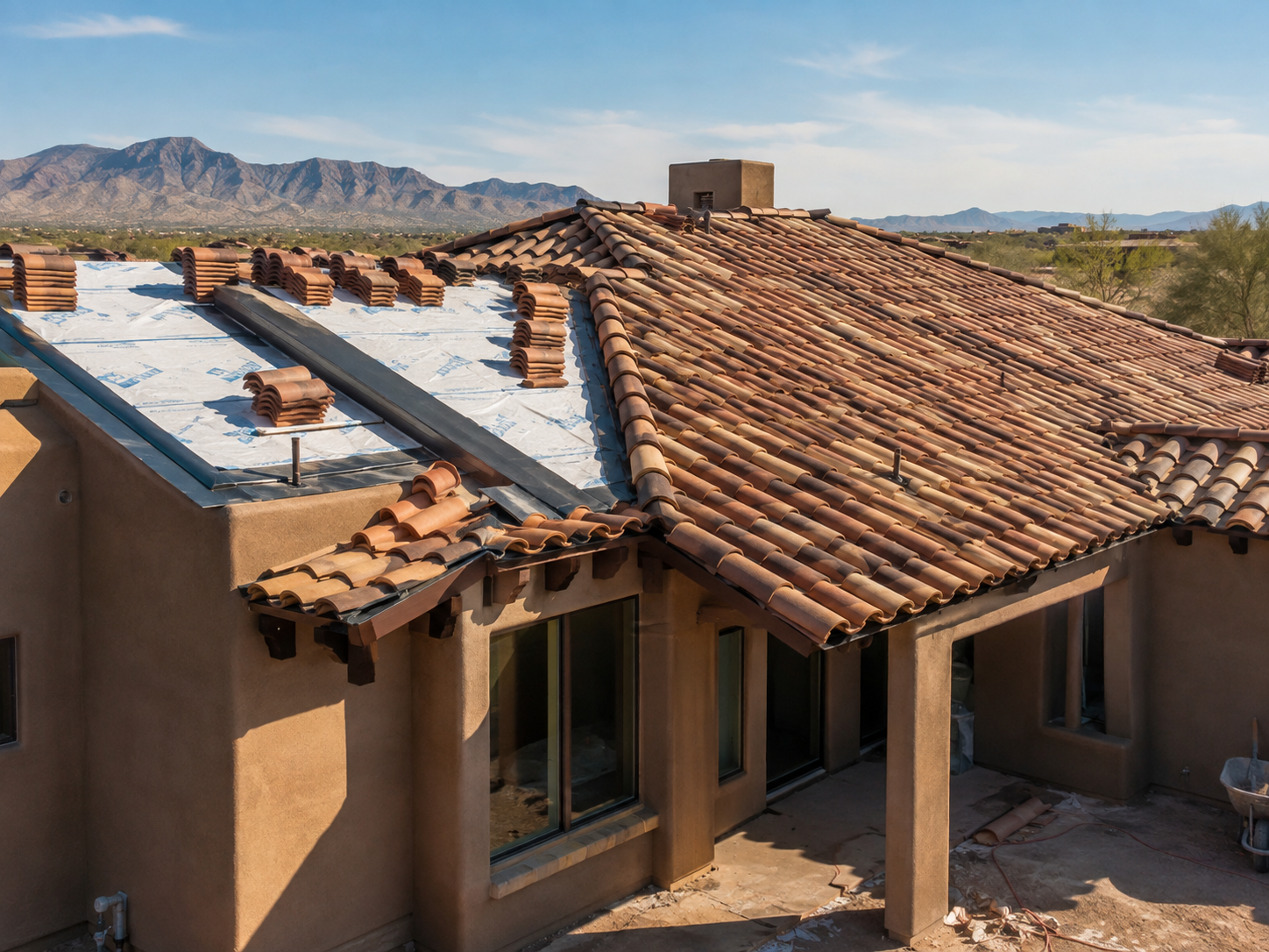 Clay tile roof partway through underlayment installation