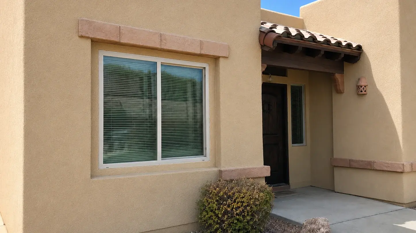 Traditional stucco exterior on a Southwest home with an even, freshly finished texture around the window and entry
