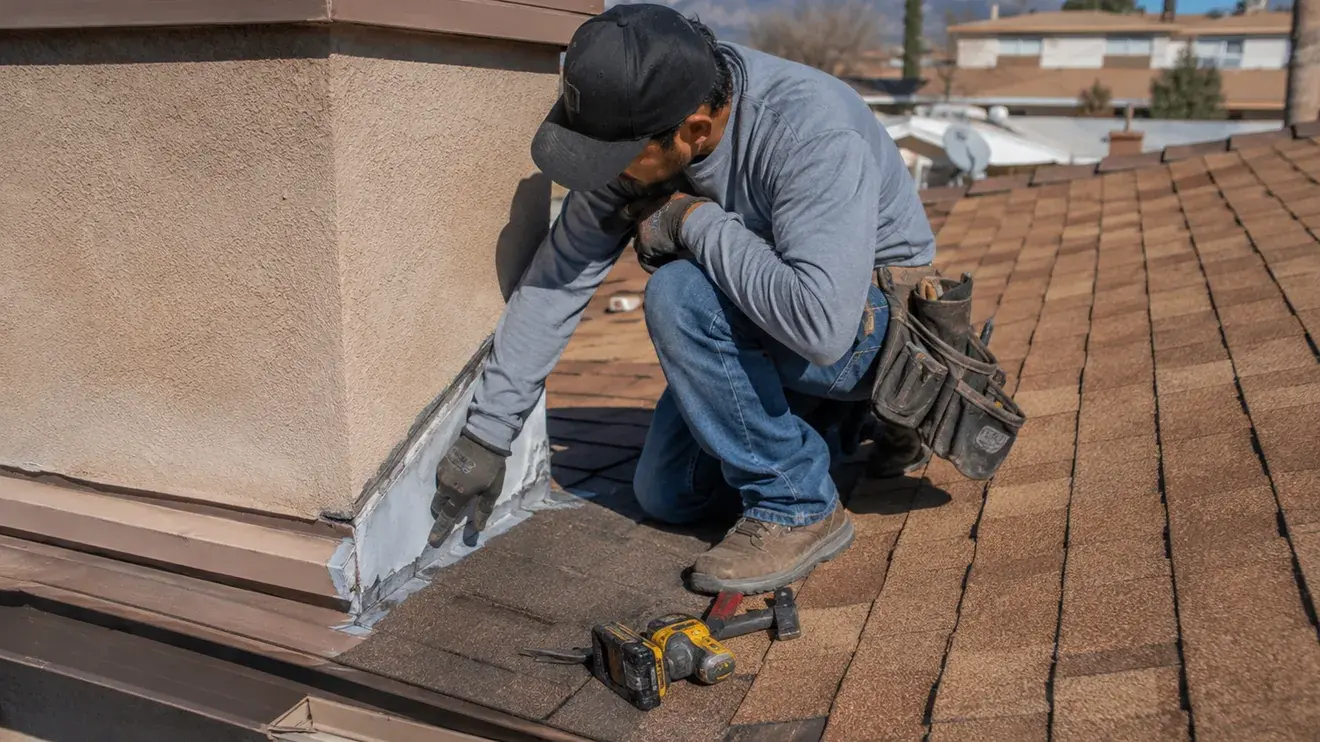 Roofer kneeling on a shingle roof to reseal the metal counterflashing where the roof meets a stucco chimney wall