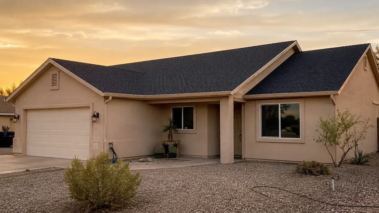 Single-storey stucco home with a pitched roof and desert landscaping, photographed at dusk